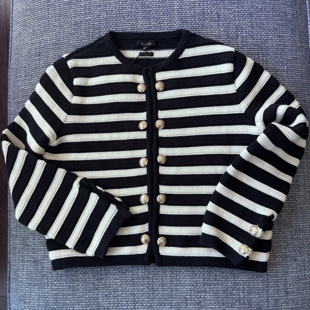Massimo Dutti NWT Black and Cream Striped Knit Cardigan with Gold Buttons | Sz S